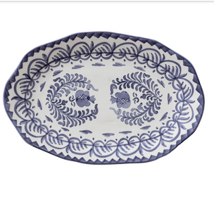 HAND-PAINTED STONEWARE ORGANIC SHAPED PLATTER W/ BOTANICAL DESIGN