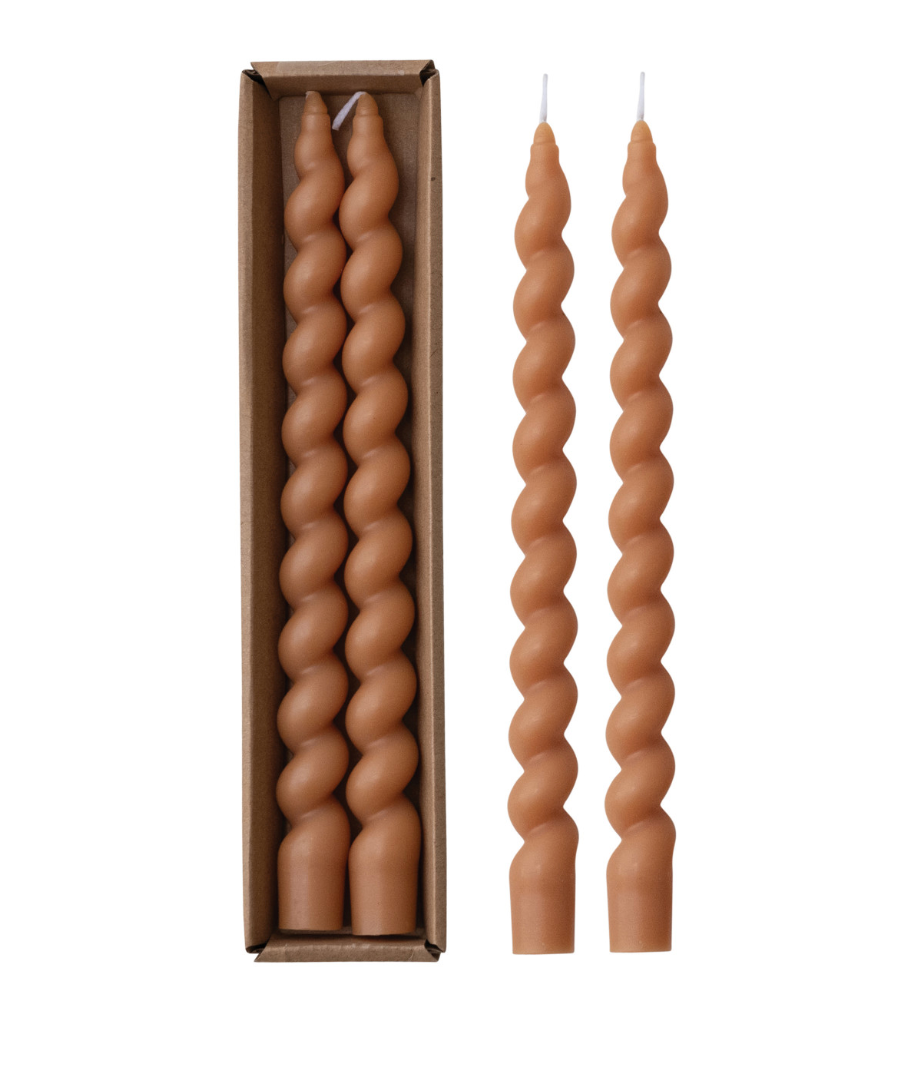 UNSCENTED TWISTED TAPER CANDLES IN BOX, TAN COLOR