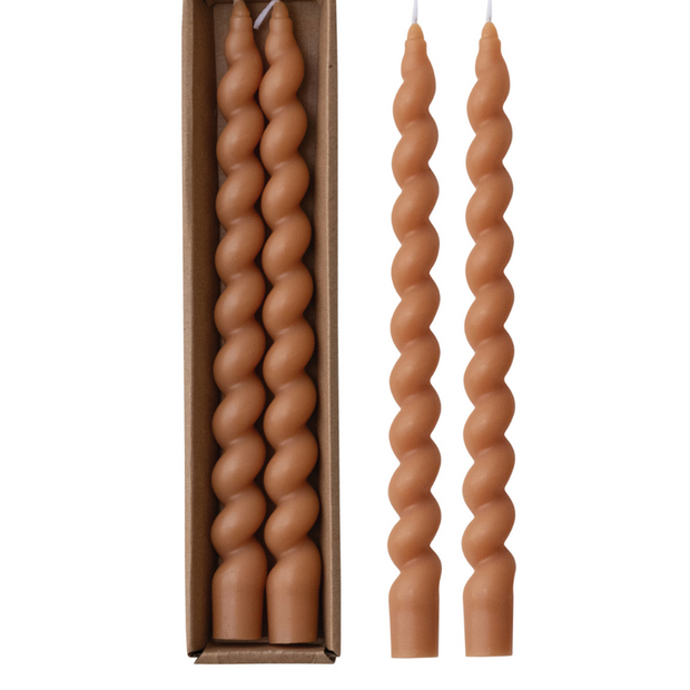 UNSCENTED TWISTED TAPER CANDLES IN BOX, TAN COLOR
