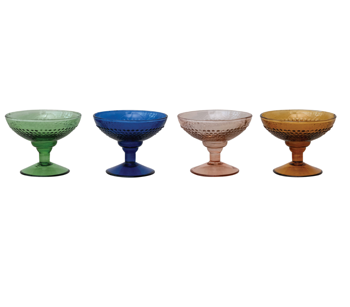 4OZ EMBOSSED STEMMED COUPE GLASS, 4 COLORS