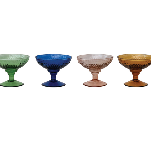 4OZ EMBOSSED STEMMED COUPE GLASS, 4 COLORS