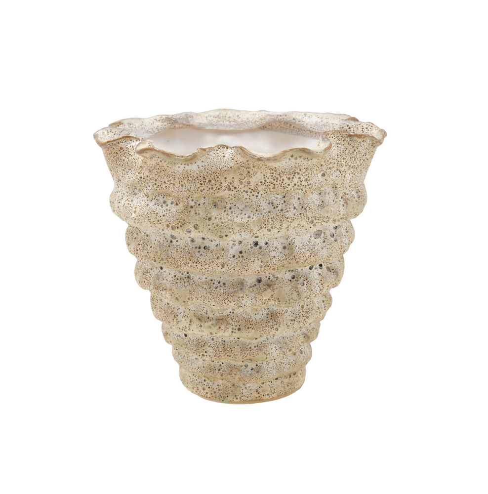 STONEWARE ORGANIC SHAPED VASE, VOLCANO FINISH, CREAM COLOR