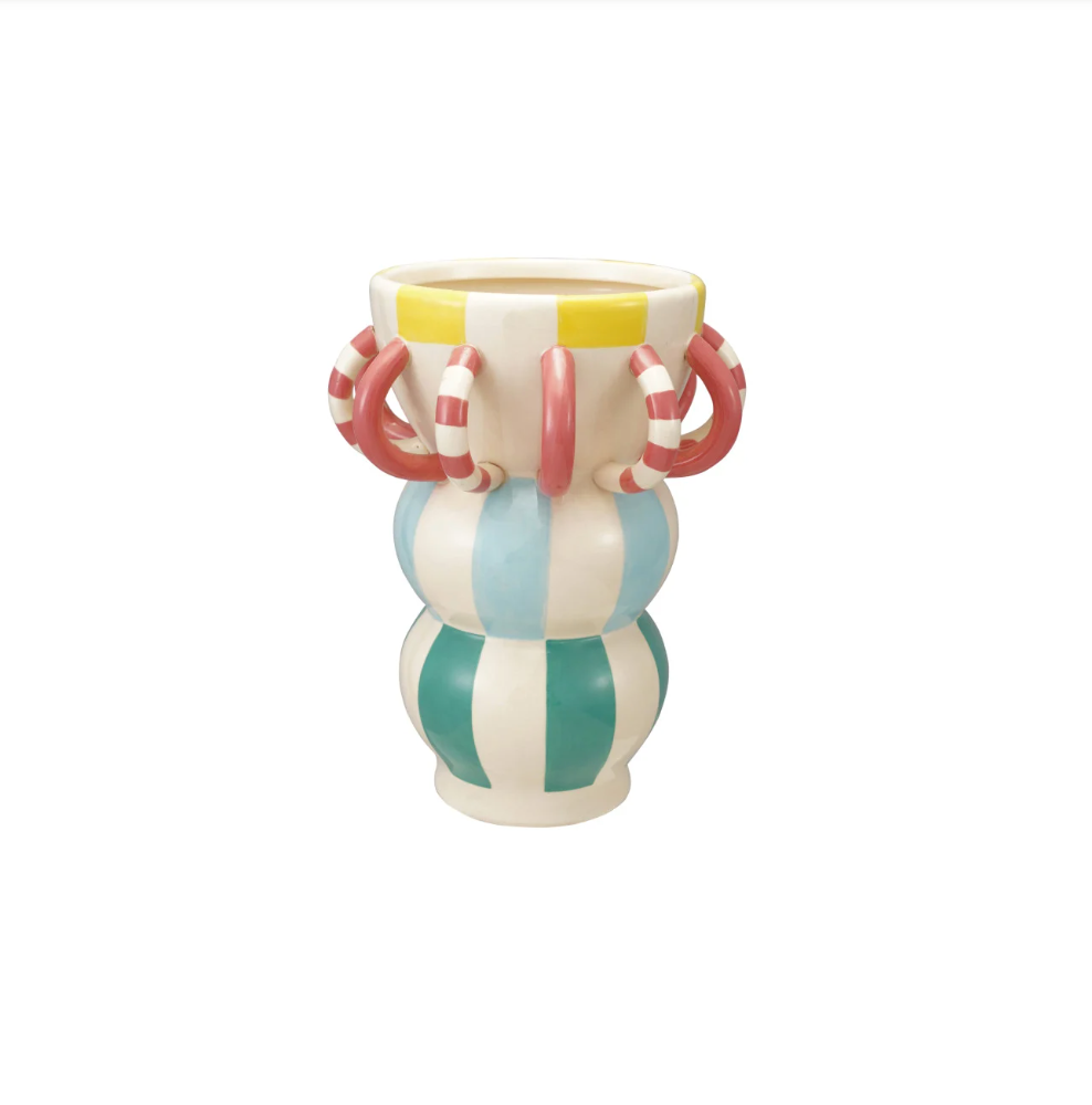 HAND-PAINTED STONEWARE VASE WITH STRIPED PATTERN & 3D LOOPS