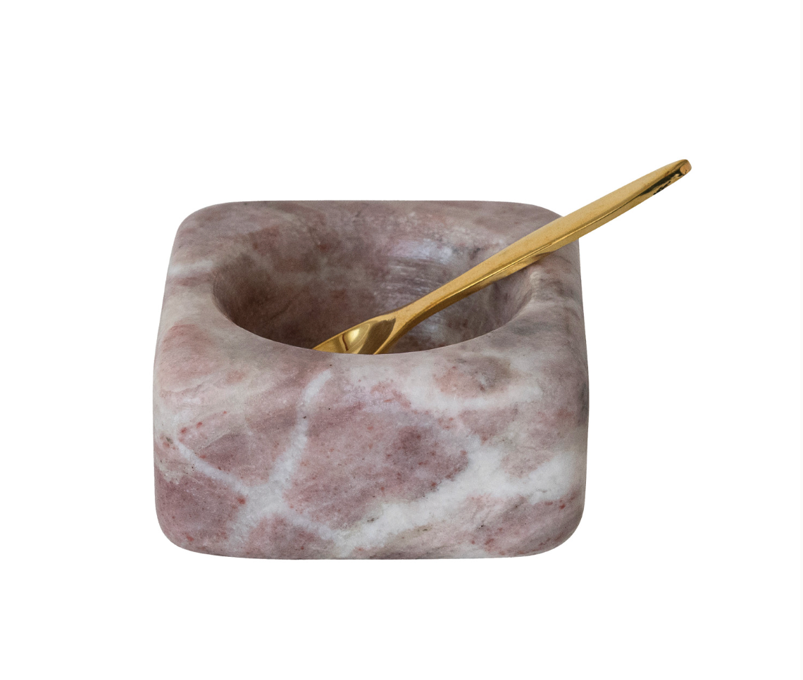 MARBLE BOWN WITH BRASS SPOON, PINK, SET OF 2
