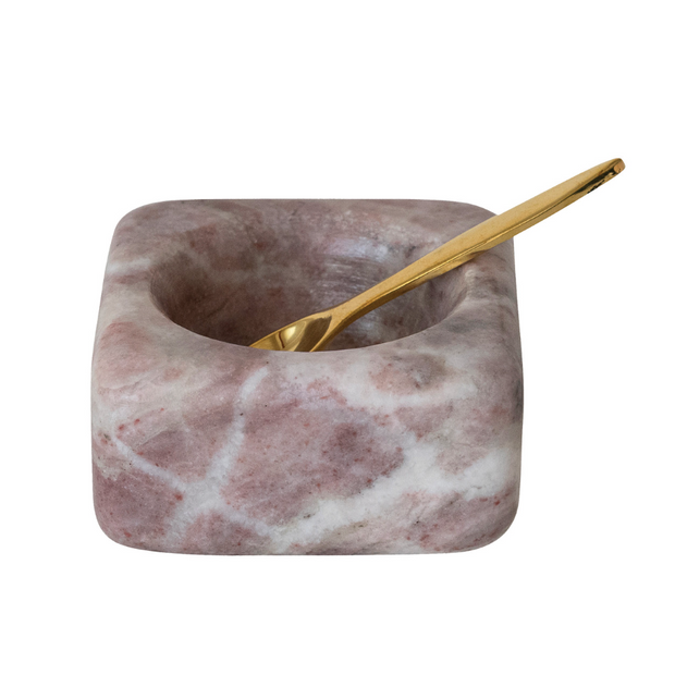 MARBLE BOWN WITH BRASS SPOON, PINK, SET OF 2