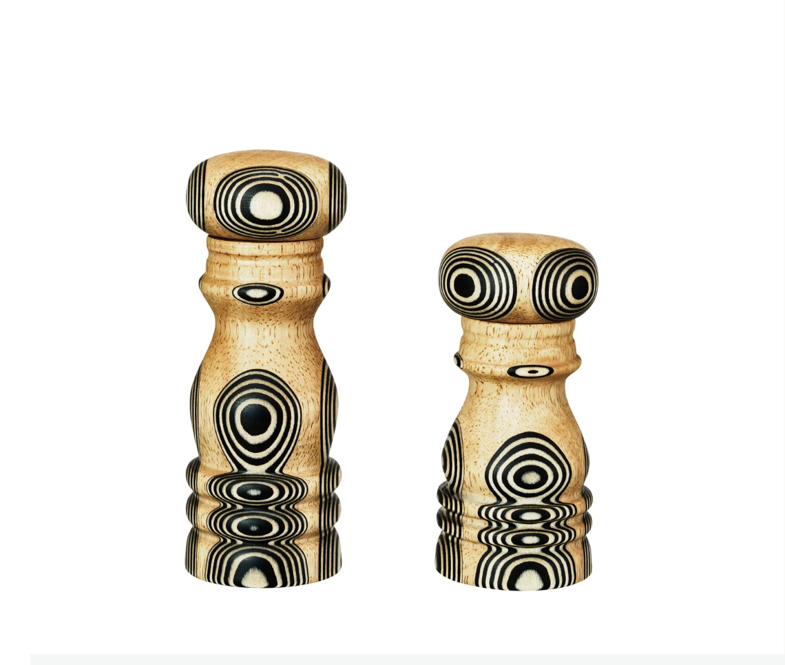 WOOD SALT & PEPPER MILLS W/ INLAID CIRCLES DESIGN, SET OF 2