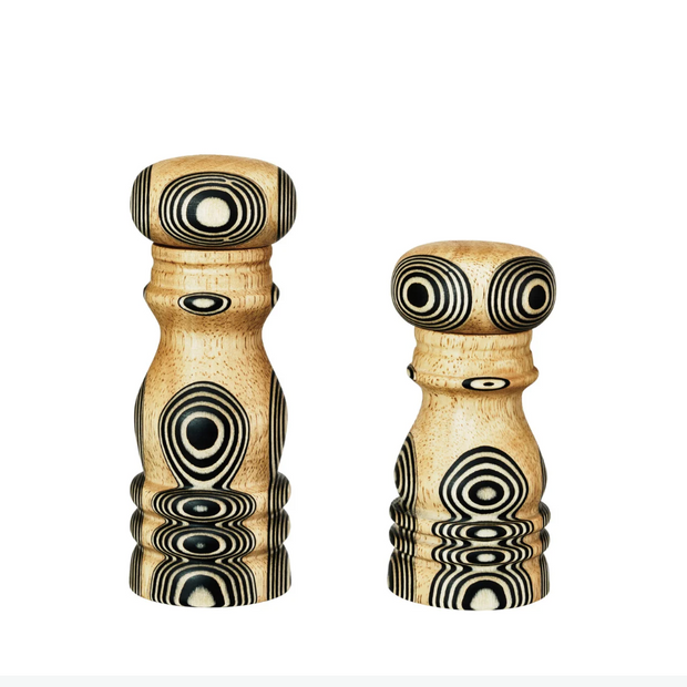 WOOD SALT & PEPPER MILLS W/ INLAID CIRCLES DESIGN, SET OF 2
