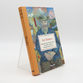 A hardcover book titled 'Art History' by TASCHEN, featuring a colorful surrealist painting of a bearded man in a blue jacket and hat on the cover, with a light orange spine.