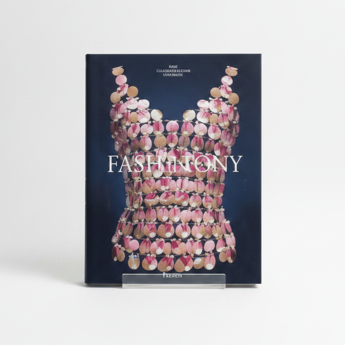 The Kyoto Costume Institute's 'Fashion History: From the 18th to the 20th Century' book cover by Taschen, featuring a dark navy blue background with a central graphic of a corset made of pink, gold, and silver circular elements.