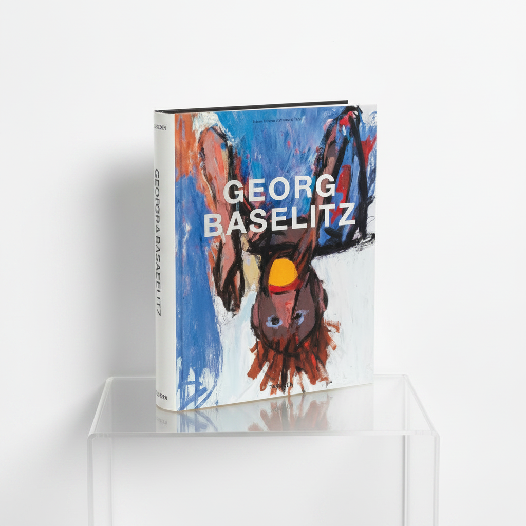 A hardcover art book titled 'Georg Baselitz' by Naxos, featuring a colorful abstract cover illustration and shown at an angle on a solid orange background.