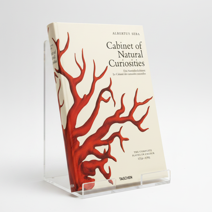 The front cover of the book 'Cabinet of Natural Curiosities' by Albertus Seba, published by Taschen. The cover features a cream-colored background with a large, detailed red coral or branch illustration on the left side and black text.