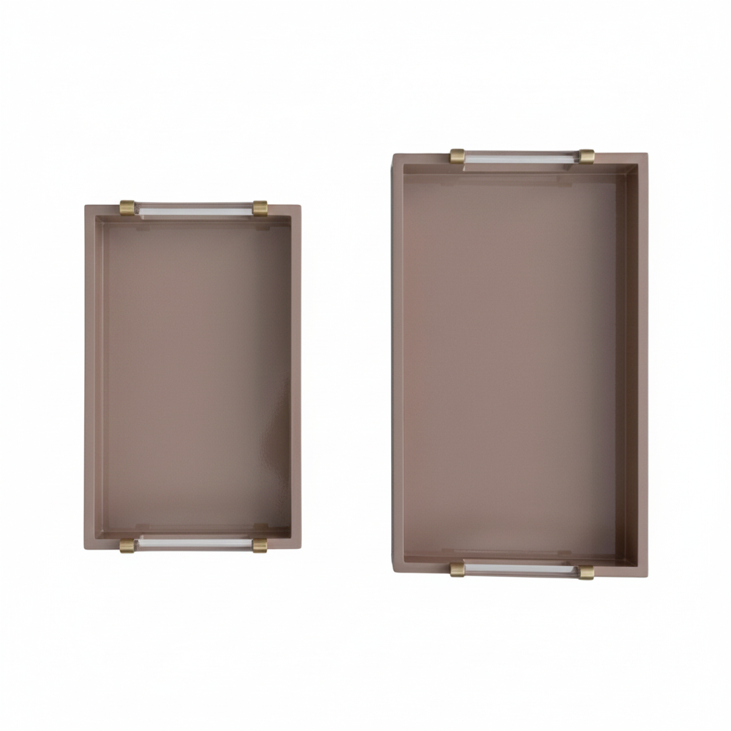MDF LACQUERED TRAYS W ACRYLIC & METAL HANDLES, TAN COLOR