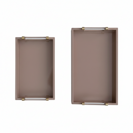 MDF LACQUERED TRAYS W ACRYLIC & METAL HANDLES, TAN COLOR