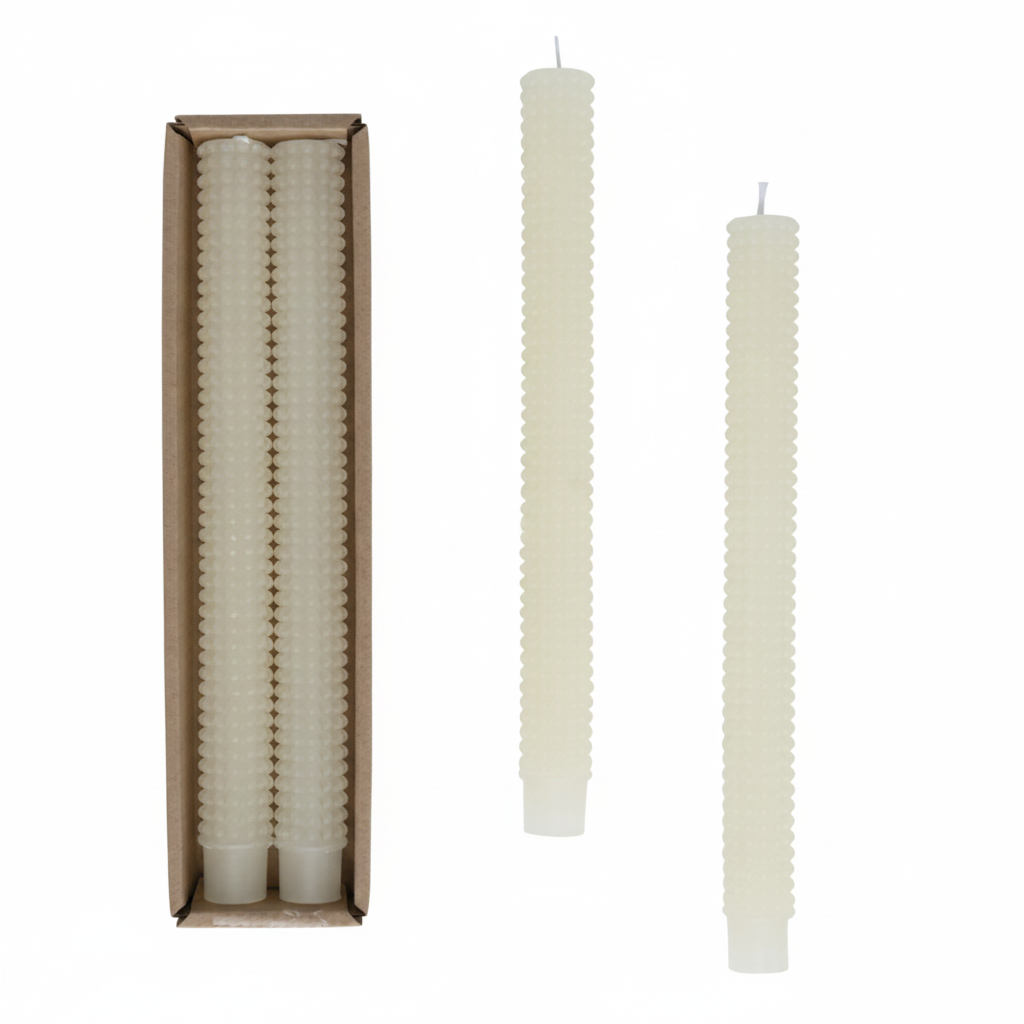 UNSCENTED HOBNAIL TAPER CANDLES IN BOX, SET OF 2