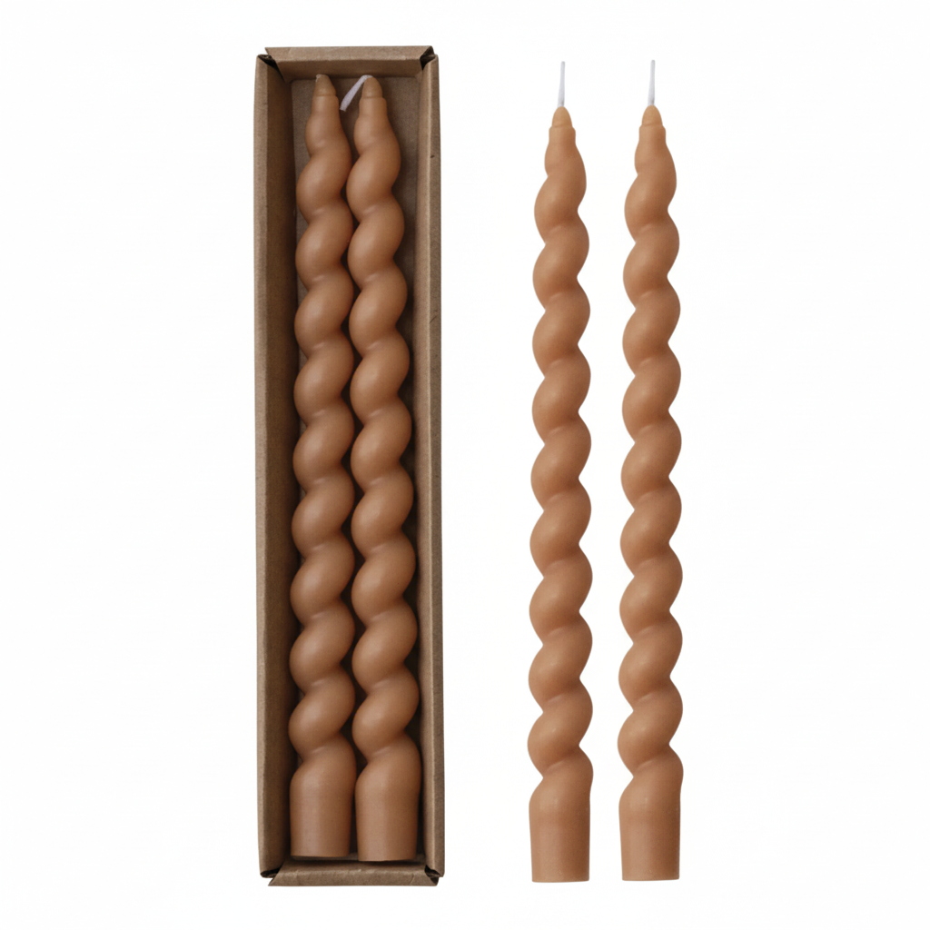UNSCENTED TWISTED TAPER CANDLES IN BOX, TAN COLOR, SET OF 2