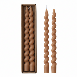 UNSCENTED TWISTED TAPER CANDLES IN BOX, TAN COLOR, SET OF 2