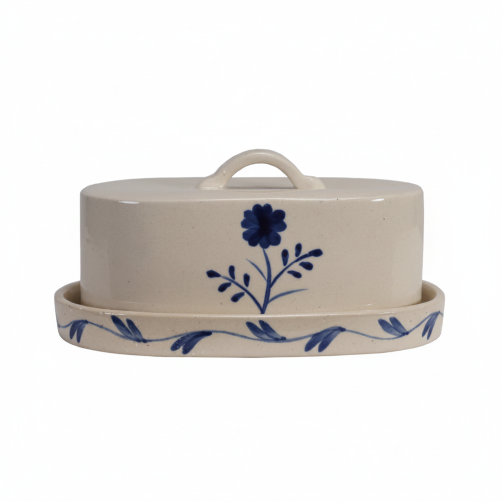 HAND-PAINTED STONEWARE BUTTER DISH WITH FLOWER, BLUE & WHITE