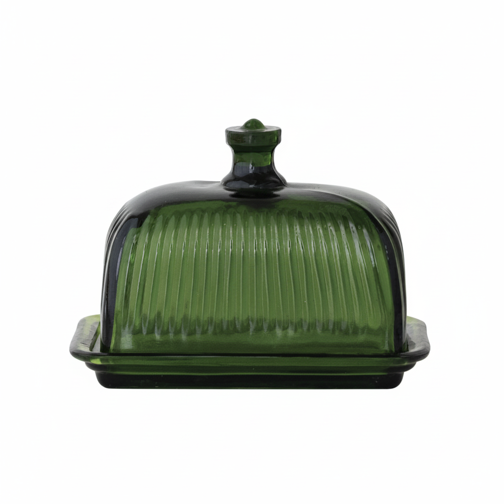 PRESSED RIBBED GLASS BUTTER DISH, GREEN