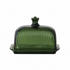 PRESSED RIBBED GLASS BUTTER DISH, GREEN