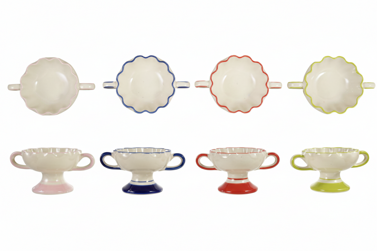 HAND-PAINTED STONEWARE SCALLOPED FOOTED BOWL WITH HANDLES, 4 COLORS