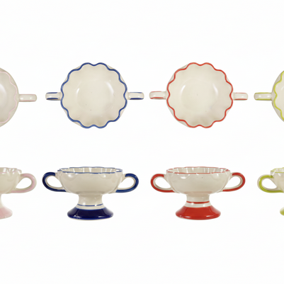 HAND-PAINTED STONEWARE SCALLOPED FOOTED BOWL WITH HANDLES, 4 COLORS
