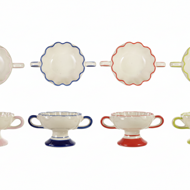 HAND-PAINTED STONEWARE SCALLOPED FOOTED BOWL WITH HANDLES, 4 COLORS