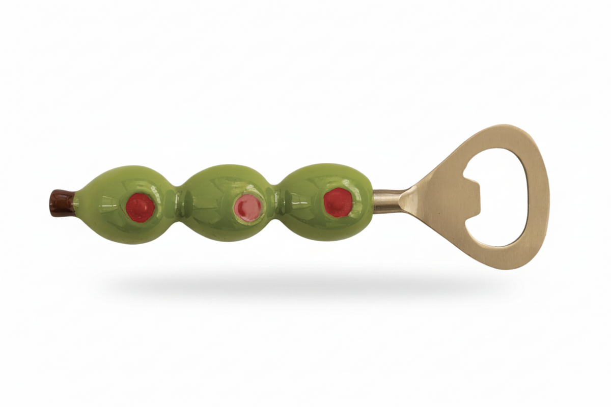 BOTTLE OPENER WITH OLIVE SHAPED HANDLE