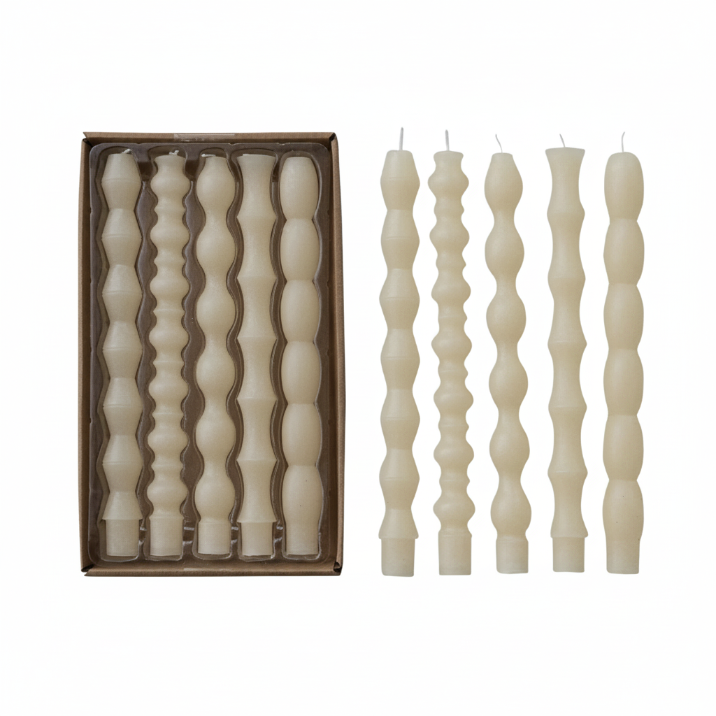 UNSCENTED TAPER CANDLES IN BOX, CREAM COLOR, SET OF 5