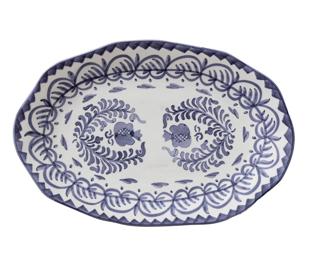 HAND-PAINTED STONEWARE ORGANIC SHAPED PLATTER W/DESIGN, BLUE & WHITE