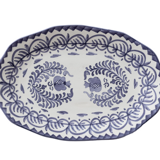 HAND-PAINTED STONEWARE ORGANIC SHAPED PLATTER W/DESIGN, BLUE & WHITE