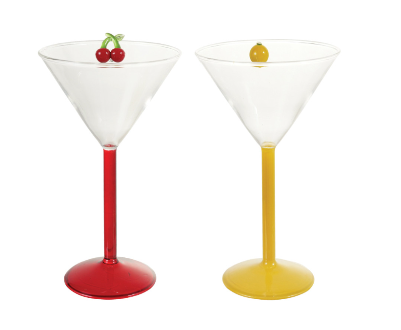 STEMMED MARTINI GLASS WITH HAND-BLOWN LEMON/CHERRY, 2 STYLES