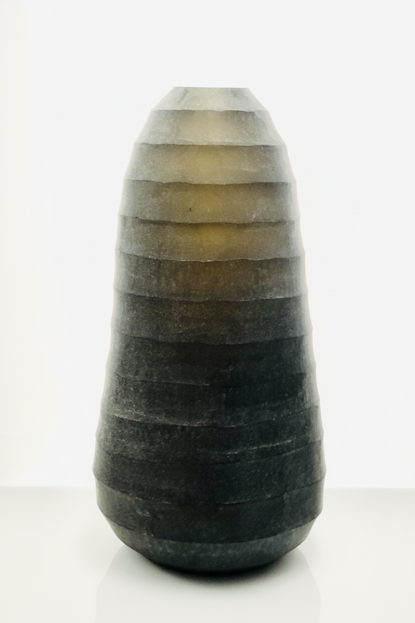 VASE HADAPPA TALL SMOKE ROUND RIB CUT STONE FINISH DIA 8.50” - A - SMOKE