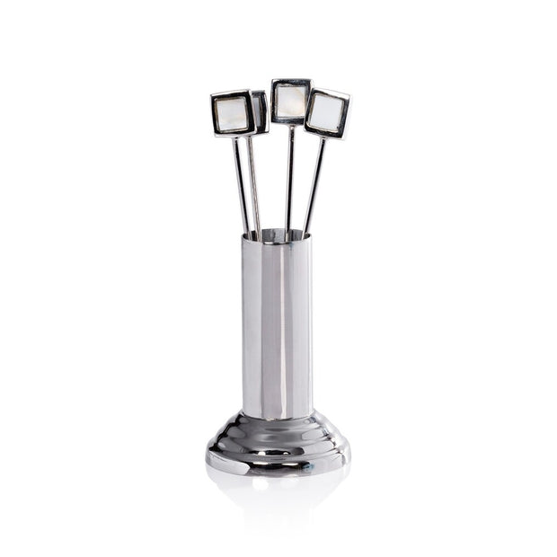 SPIGA SET OF 4 COCKTAIL PICKS WITH STAND - POLISHED NICKEL ALLOY WITH MOTHER OF PEARL ACCENT