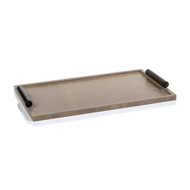 BELLECOTE RECTANGULAR SERVING TRAY MINK LEATHER W METAL HANDLE
