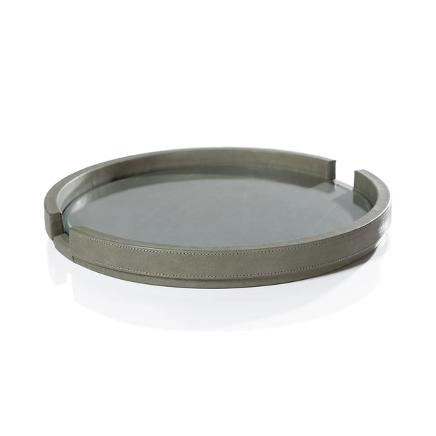 LEATHER SERVING TRAY W GLASS INSERT SAGE GREEN