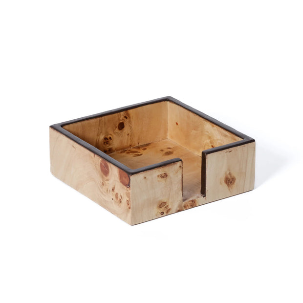 Wooden square planter with metal accents on a white background