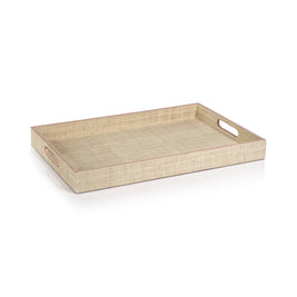 LULU NATURAL FIBER RAFFIA TRAY W PINK LEATHER TRIM LARGE