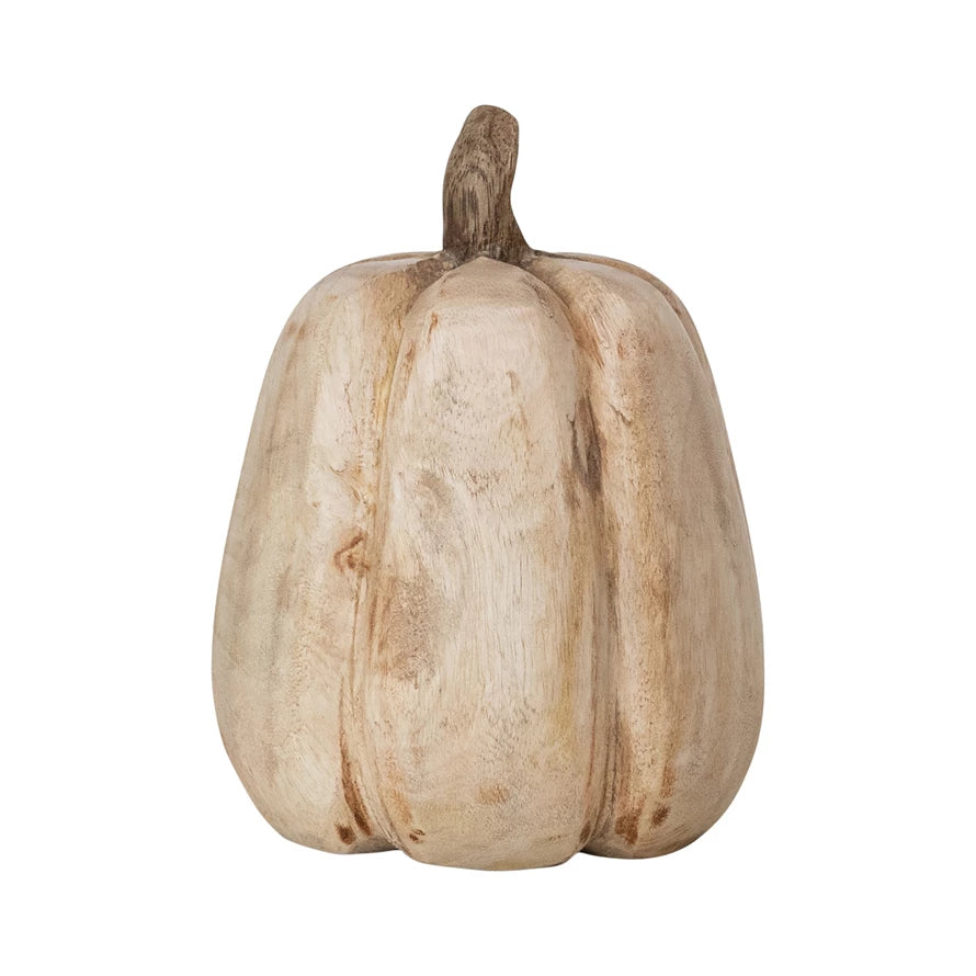 5-1/4" ROUND x 7"H CARVED MANGO WOOD PUMPKIN