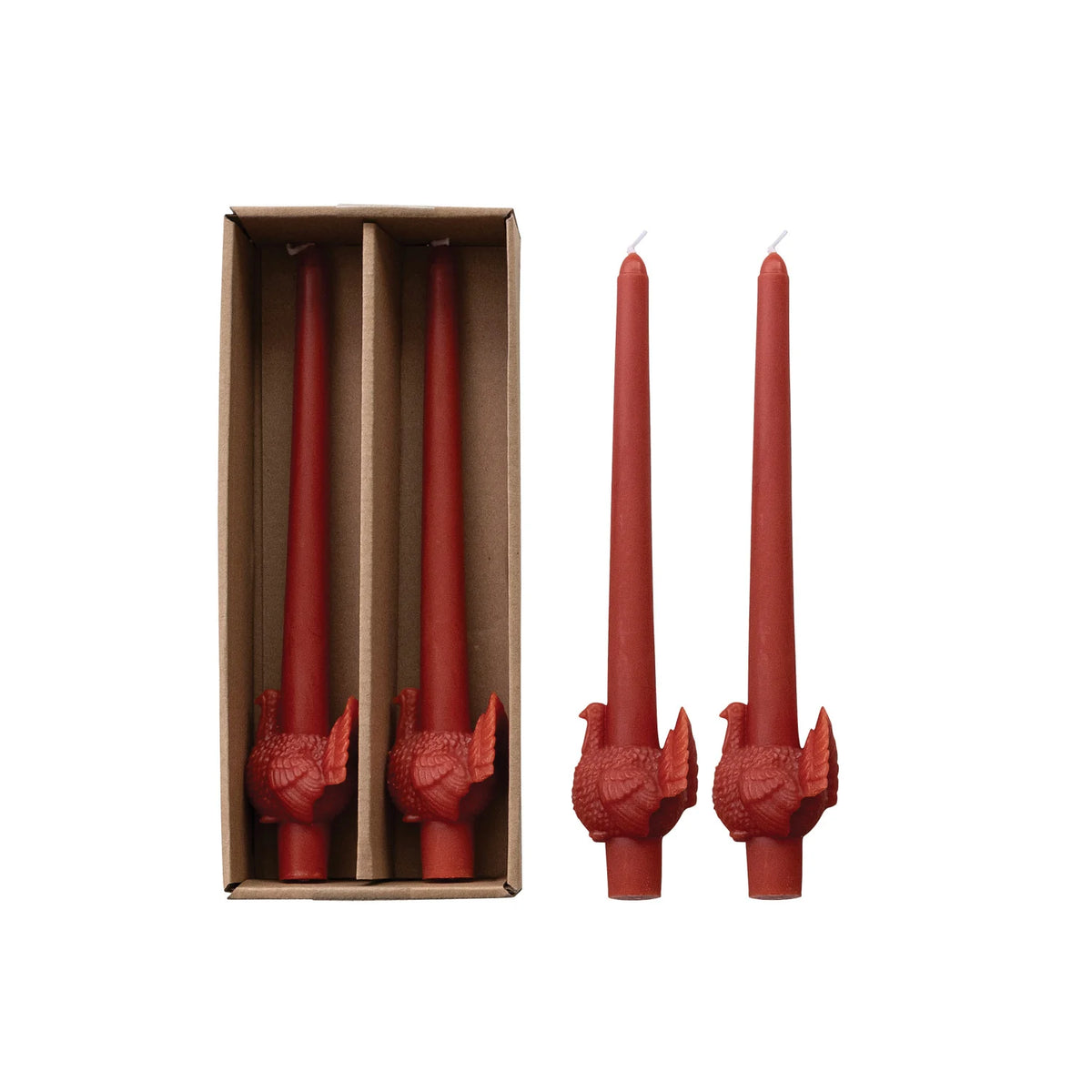 UNSCENTED TAPER CANDLES WITH TURKEY IN BOX, ACORN COLOR, SET OF 2