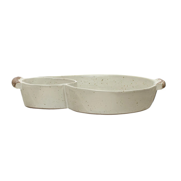 STONEWARE DISH W/ 2 SECTIONS & HANDLES CREAM COLOR