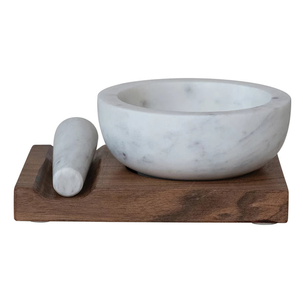 ACACIA WOOD BASE W/ INSET MARBLE MORTAR & PESTLE