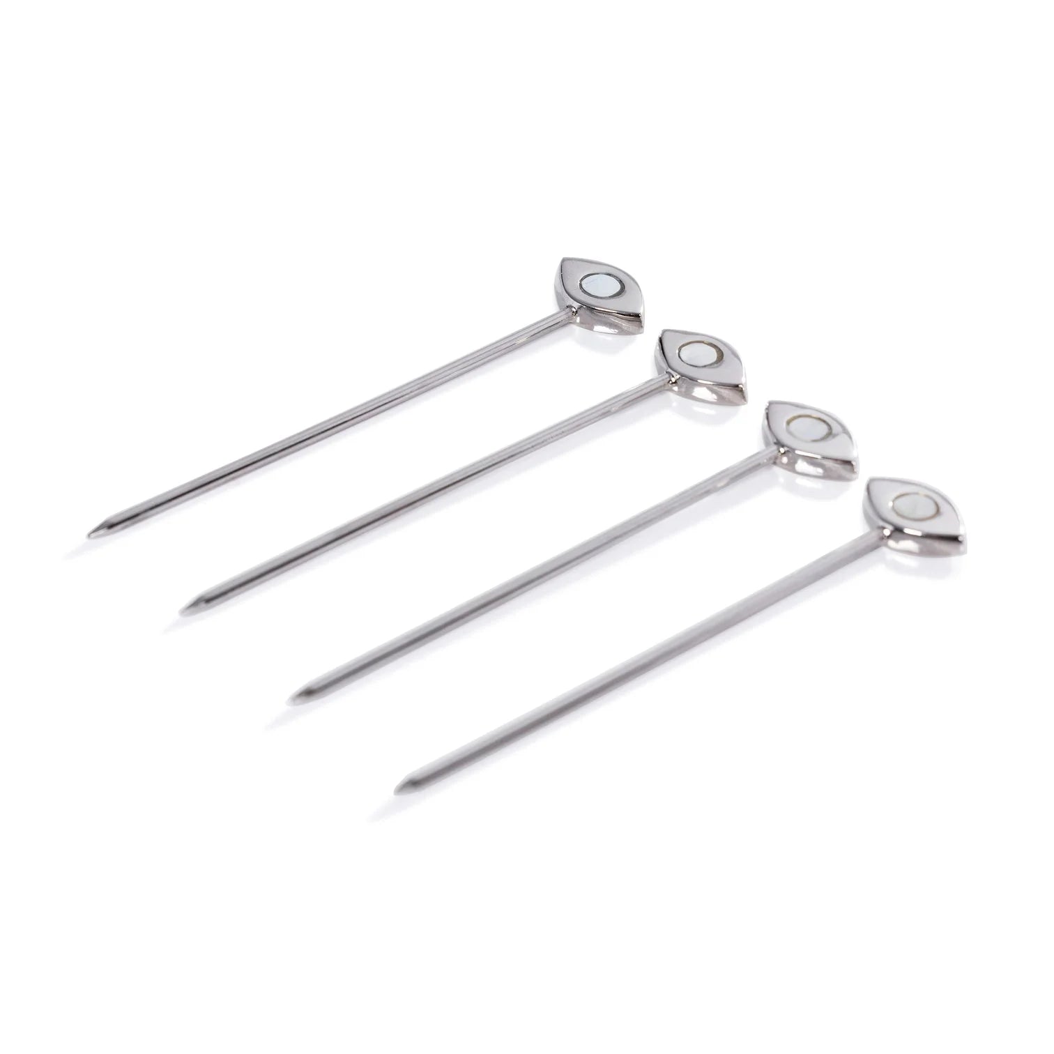 EVIL EYE SET OF 4 COCKTAIL PICKS - POLISHED NICKEL ALLOY WITH MOTHER OF PEARL ACCENT