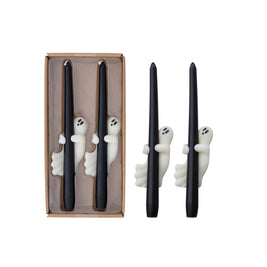 UNSCENTED TAPER CANDLES WITH GHOST IN BOX, BLACK & WHITE, SET OF 2 (EST. BURN TIME 6 HOURS)