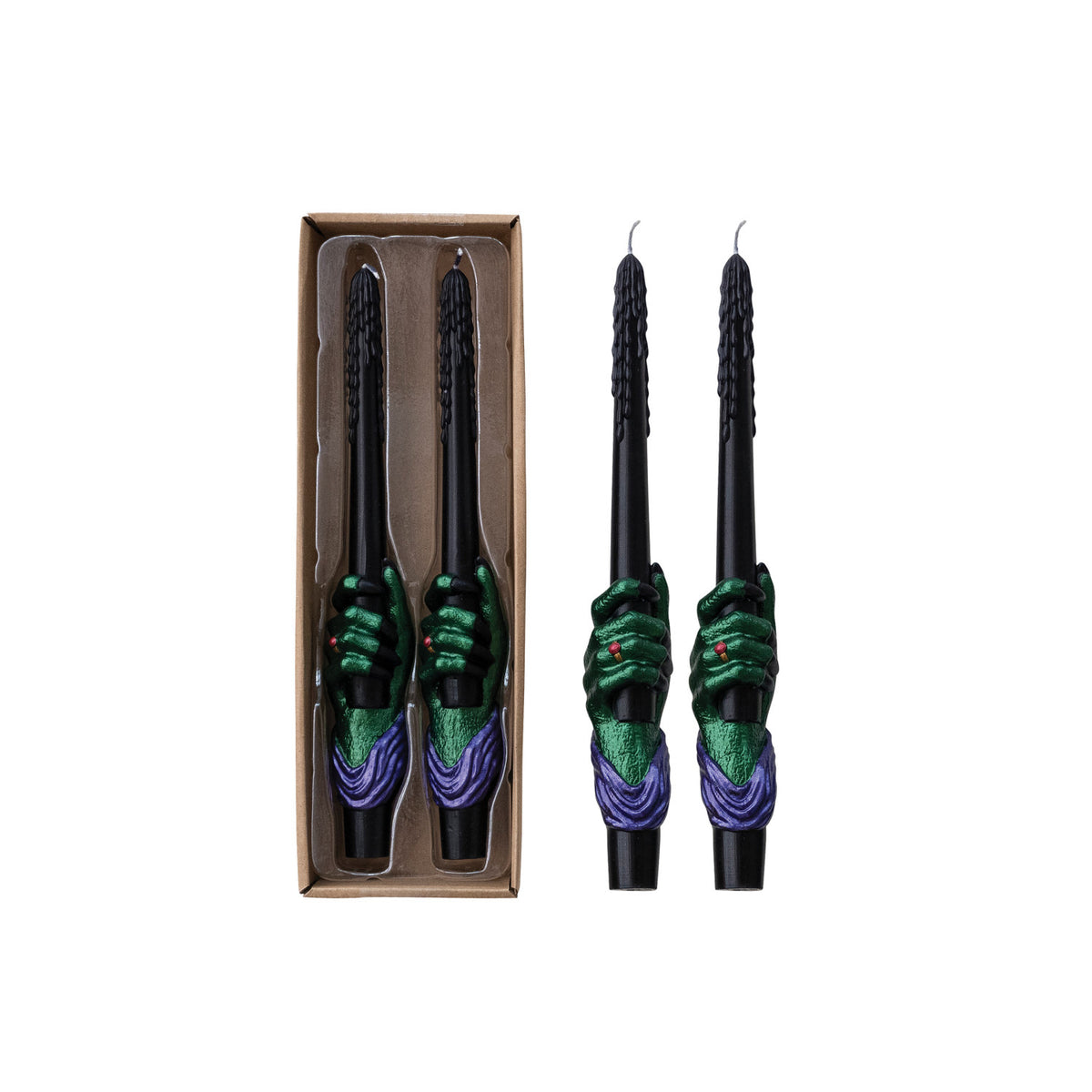 UNSCENTED TAPER CANDLES WITH WITCH'S HAND IN BOX, BLACK, GREEN & PURPLE, SET OF 2