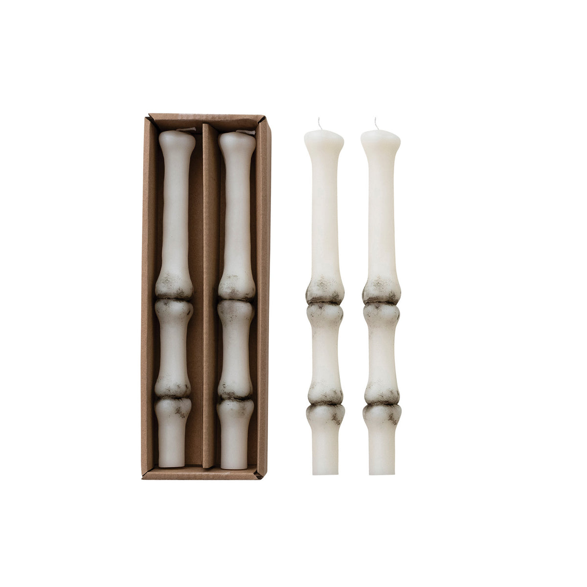 UNSCENTED FINGER BONE SHAPED TAPER CANDLES IN BOX, WHITE & BLACK, SET OF 2