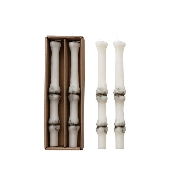 UNSCENTED FINGER BONE SHAPED TAPER CANDLES IN BOX, WHITE & BLACK, SET OF 2