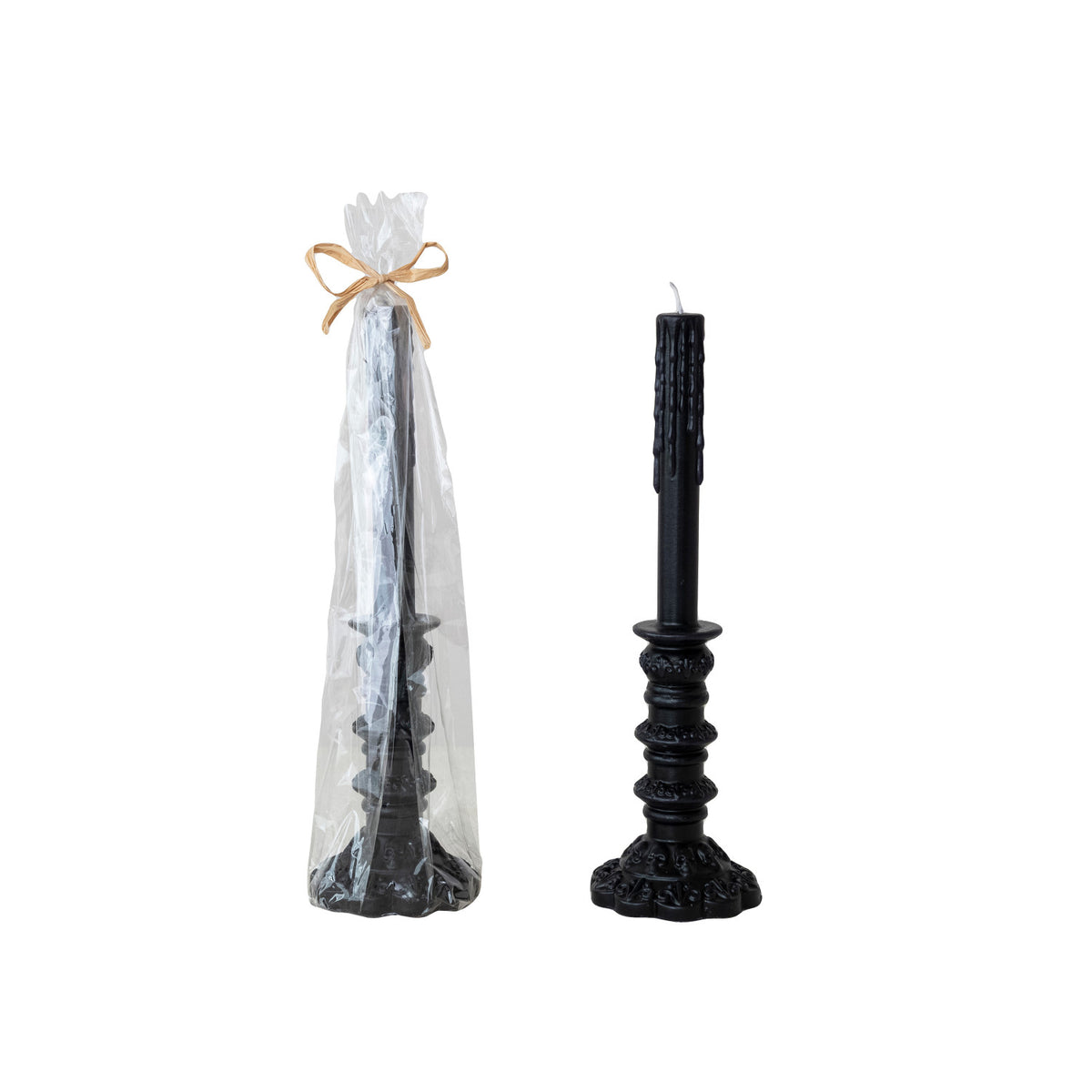 UNSCENTED TAPER IN TAPER HOLDER SHAPED CANDLE IN CELLO BAG WITH RAFFIA TIE, BLACK
