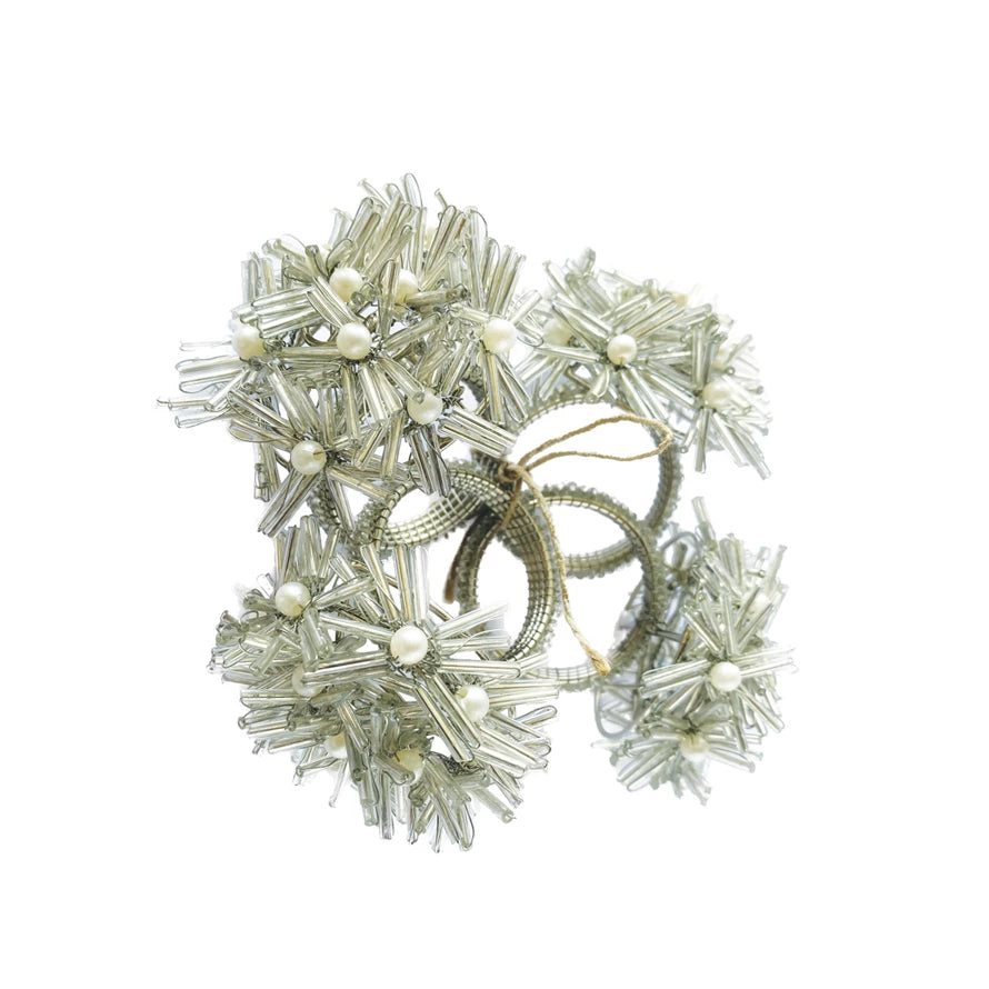 GLASS BEADED METAL FLORAL NAPKIN RINGS - SET OF 4