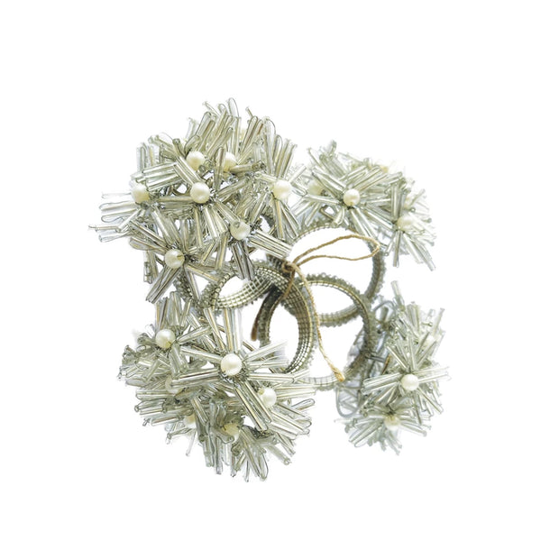 GLASS BEADED METAL FLORAL NAPKIN RINGS - SET OF 4