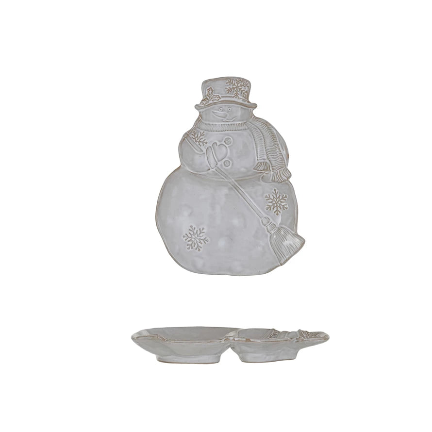 STONEWARE SNOWMAN SHAPPED PLATE W/ SNOWFLAKES & BROOM